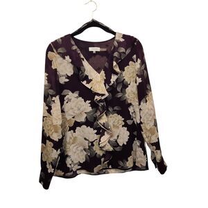 Calvin Klein Floral Print V-Neck Ruffle LS Blouse XSMALL